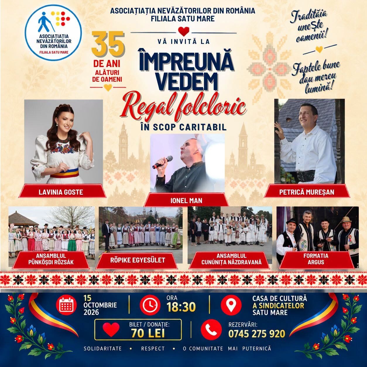 CARITATE. Regal folcloric caritabil la Satu Mare! 35 de ani de solidaritate, sărbătoriți prin muzică și tradiție