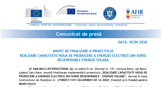 ANUNȚ DE FINALIZARE A PROIECTULUI  REALIZARE CAPACITATE NOUA DE PRODUCERE A ENERGIEI ELECTRICE DIN SURSE REGENERABILE ENERGIE SOLARA