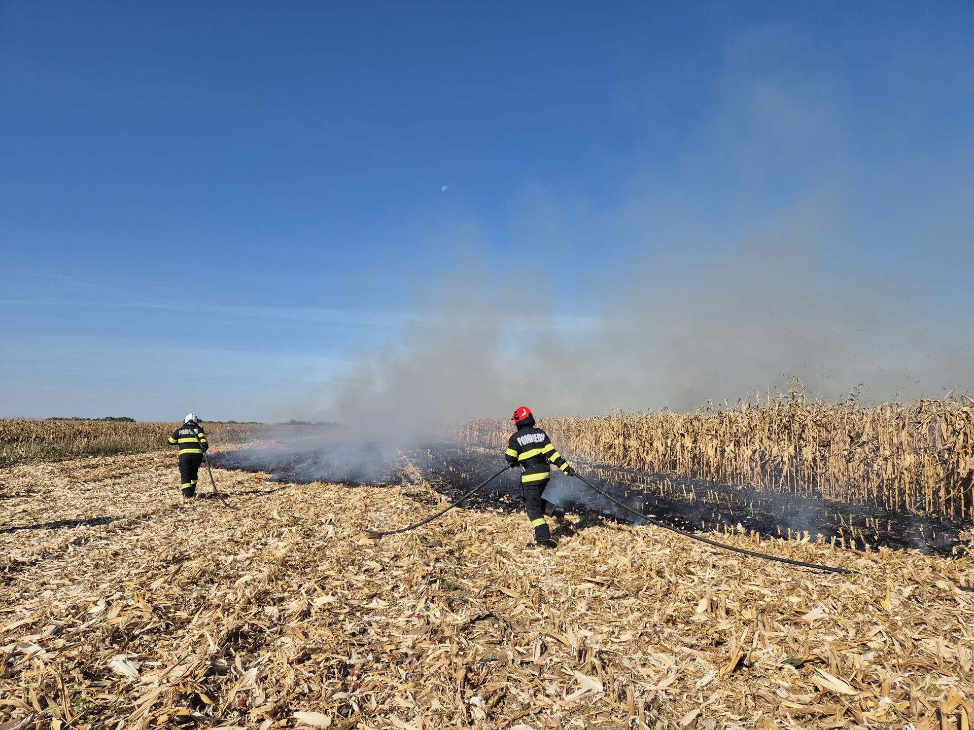 Incendiu într-un lan de porumb din Oar: două hectare au ars, iar pompierii au salvat utilajele agricole