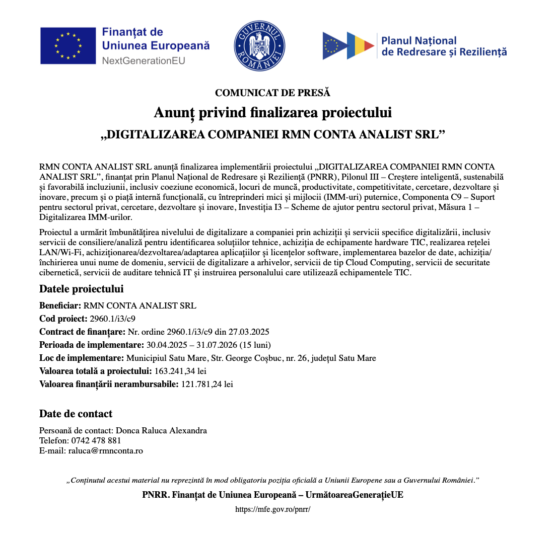 Anunț privind finalizarea proiectului  „DIGITALIZAREA COMPANIEI RMN CONTA ANALIST SRL”