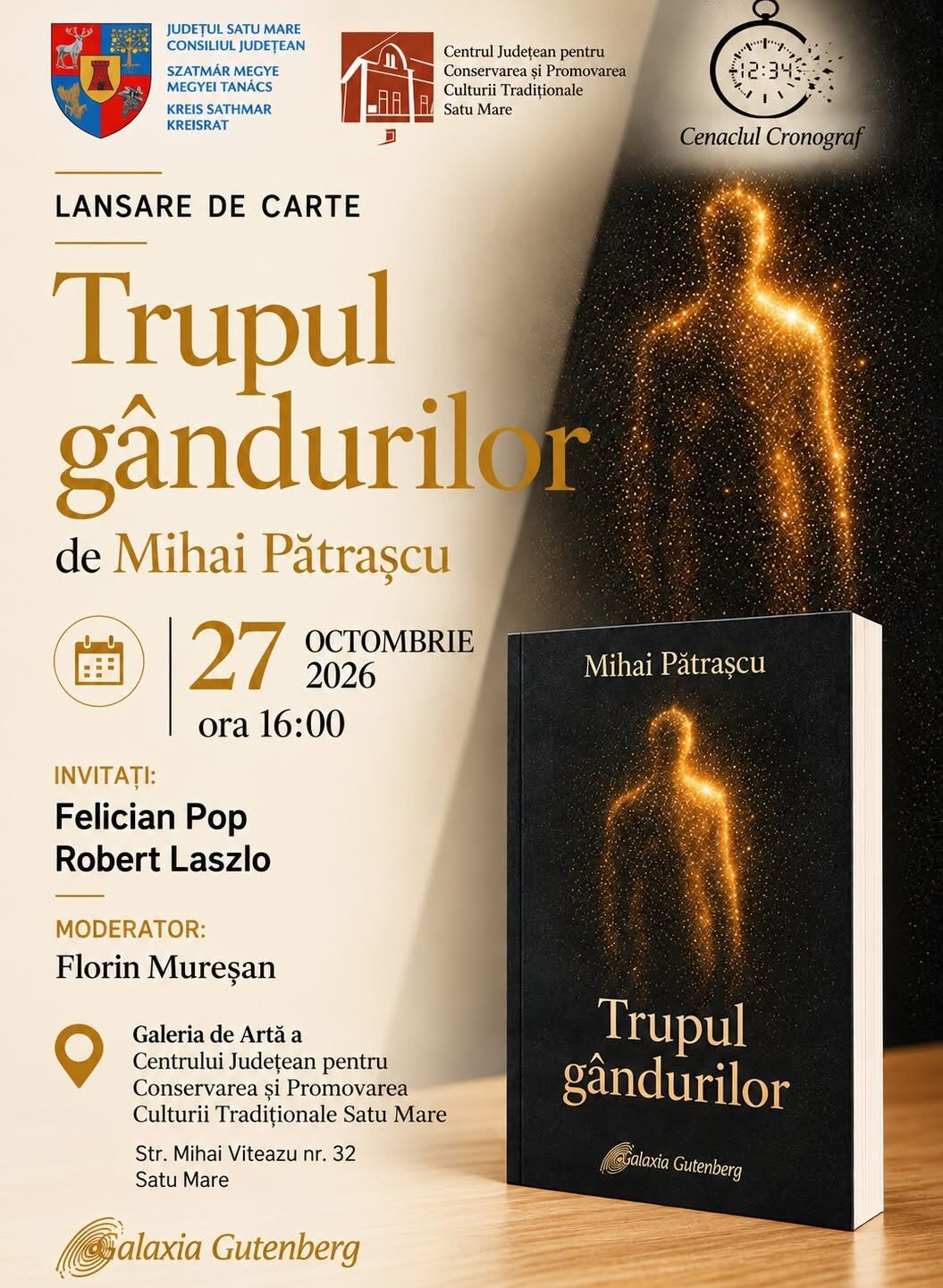 Mihai Pătrașcu își lansează volumul „Trupul gândurilor” la Satu Mare. Intrarea este liberă